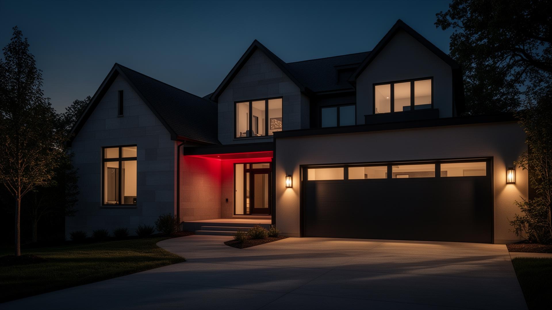 Modern carriage-style garage door on a St. Louis luxury home at dusk
